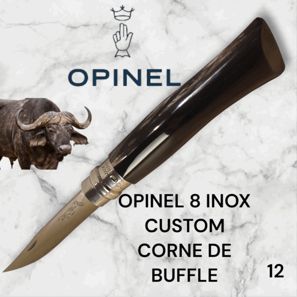 12) Couteau Opinel Numéro 8 CUSTOM Manche en Corne de Buffle, Étui cuir OFFERT ,Fait Main, Artisanal et Unique, idée cadeau