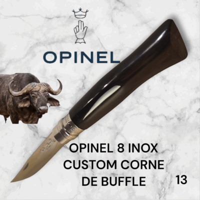 13) Couteau Opinel Numéro 8 CUSTOM Manche en Corne de Buffle, Étui cuir OFFERT ,Fait Main, Artisanal et Unique, idée cadeau