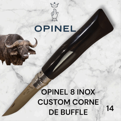 14) Couteau Opinel Numéro 8 CUSTOM Manche en Corne de Buffle, Étui cuir OFFERT ,Fait Main, Artisanal et Unique, idée cadeau