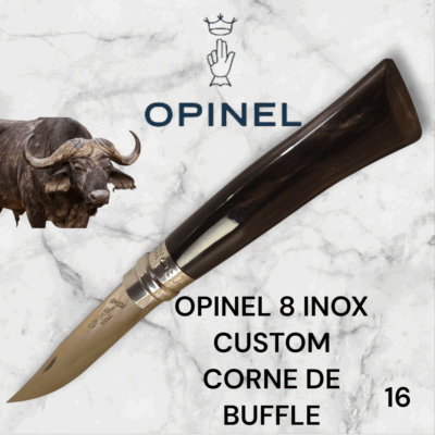 16) Couteau Opinel Numéro 8 CUSTOM Manche en Corne de Buffle, Étui cuir OFFERT ,Fait Main, Artisanal et Unique, idée cadeau