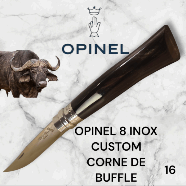 16) Couteau Opinel Numéro 8 CUSTOM Manche en Corne de Buffle, Étui cuir OFFERT ,Fait Main, Artisanal et Unique, idée cadeau