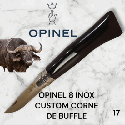 17) Couteau Opinel Numéro 8 CUSTOM Manche en Corne de Buffle, Étui cuir OFFERT ,Fait Main, Artisanal et Unique, idée cadeau