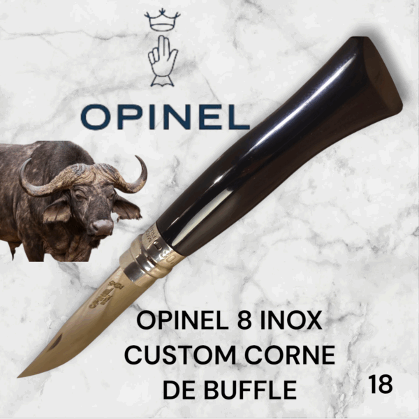 18) Couteau Opinel Numéro 8 CUSTOM Manche en Corne de Buffle, Étui cuir OFFERT ,Fait Main, Artisanal et Unique, idée cadeau