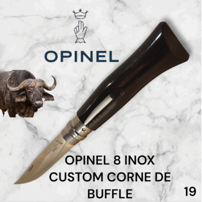 19) Couteau Opinel Numéro 8 CUSTOM Manche en Corne de Buffle, Étui cuir OFFERT ,Fait Main, Artisanal et Unique, idée cadeau