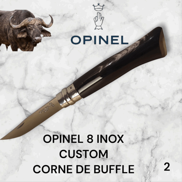 2) Couteau Opinel Numéro 8 CUSTOM Manche en Corne de Buffle, Étui cuir OFFERT ,Fait Main, Artisanal et Unique, idée cadeau