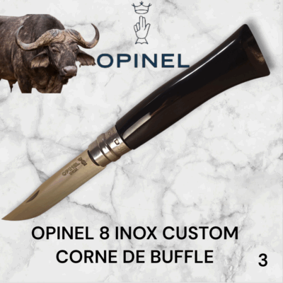 3) Couteau Opinel Numéro 8 CUSTOM Manche en Corne de Buffle, Étui cuir OFFERT ,Fait Main, Artisanal et Unique, idée cadeau