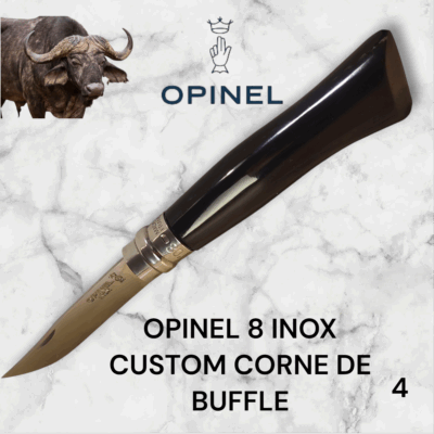 4) Couteau Opinel Numéro 8 CUSTOM Manche en Corne de Buffle, Étui cuir OFFERT ,Fait Main, Artisanal et Unique, idée cadeau