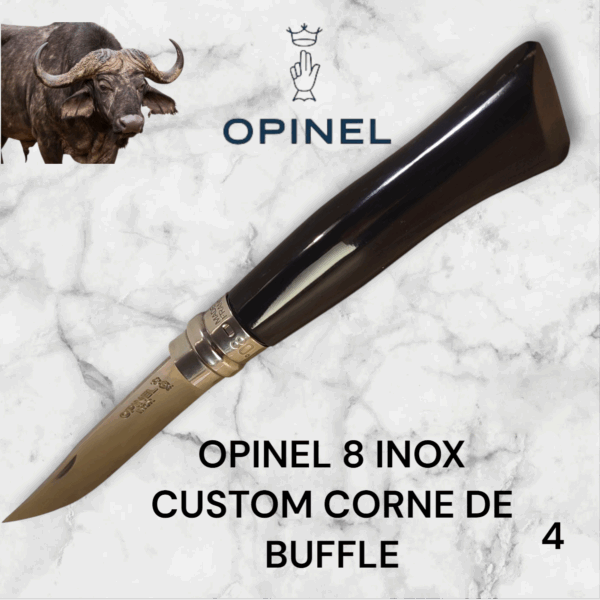 4) Couteau Opinel Numéro 8 CUSTOM Manche en Corne de Buffle, Étui cuir OFFERT ,Fait Main, Artisanal et Unique, idée cadeau