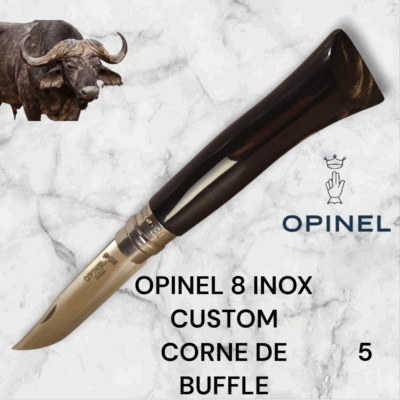 5) Couteau Opinel Numéro 8 CUSTOM Manche en Corne de Buffle, Étui cuir OFFERT ,Fait Main, Artisanal et Unique, idée cadeau