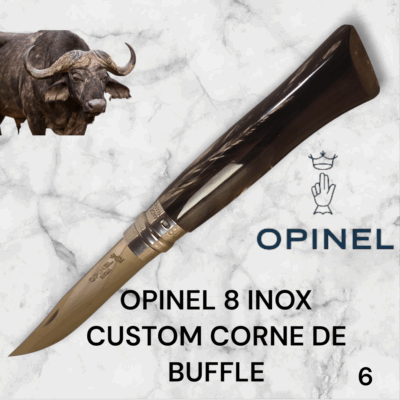 6) Couteau Opinel Numéro 8 CUSTOM Manche en Corne de Buffle, Étui cuir OFFERT ,Fait Main, Artisanal et Unique, idée cadeau