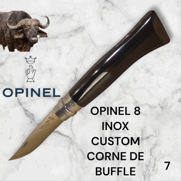 7) Couteau Opinel Numéro 8 CUSTOM Manche en Corne de Buffle, Étui cuir OFFERT ,Fait Main, Artisanal et Unique, idée cadeau