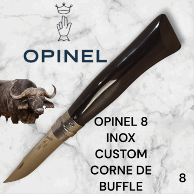 8) Couteau Opinel Numéro 8 CUSTOM Manche en Corne de Buffle, Étui cuir OFFERT ,Fait Main, Artisanal et Unique, idée cadeau