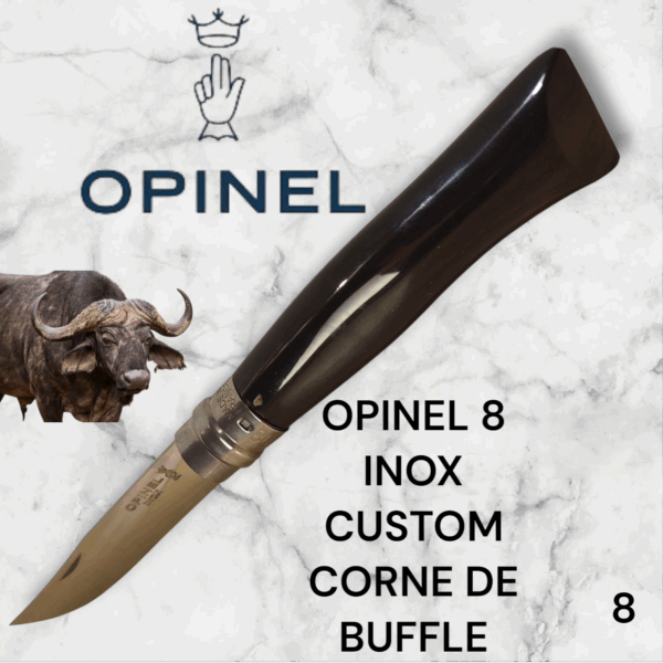 8) Couteau Opinel Numéro 8 CUSTOM Manche en Corne de Buffle, Étui cuir OFFERT ,Fait Main, Artisanal et Unique, idée cadeau