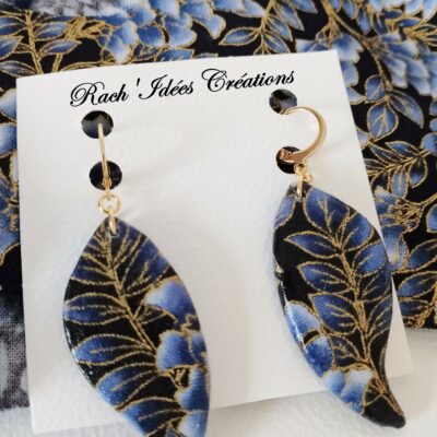 Boucles d'oreilles tissu imprimé feuillage bleu or