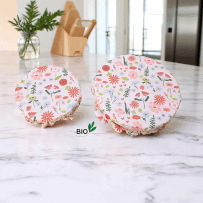 charlotte alimentaire coton bio doublé PUL certifié contact alimentaire motif fleuri saumon
