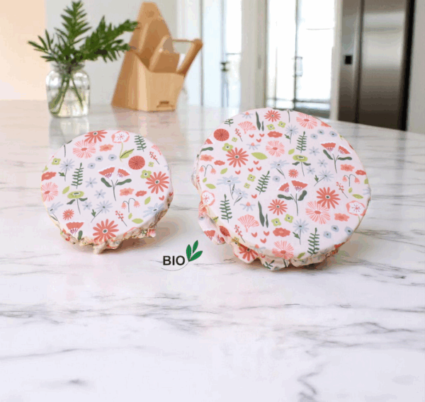 charlotte alimentaire coton bio doublé PUL certifié contact alimentaire motif fleuri saumon