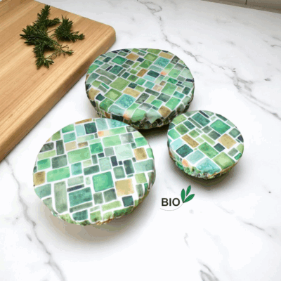 charlotte alimentaire coton bio doublé PUL certifié contact alimentaire motif mosaïque tons verts