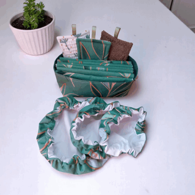 kit cuisine zéro déchet, panière, 6 essuie-tout, 3 charlottes et 3 éponges