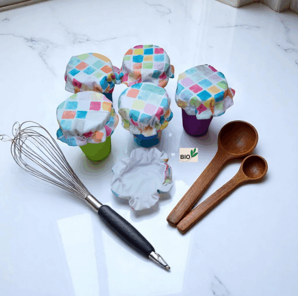 charlottes couvre verre X 6 coton doublé PUL certifié contact alimentaire modèle carreaux de ciment
