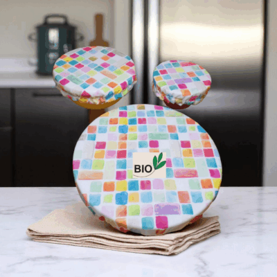 charlotte alimentaire coton bio doublé PUL certifié contact alimentaire modèle mosaïque tons pastels