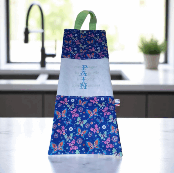 Sac à baguettes de pain brodé main, modèle unique, intérieur coton bio, modèle papillons