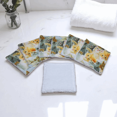 Semainier de lingettes en coton et éponge bambou motif chats