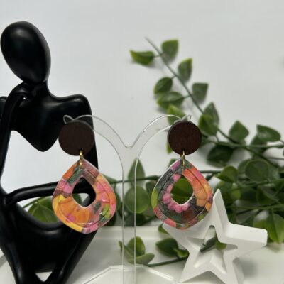 Boucles d’oreilles en pâte polymère et bois, imprimé floral