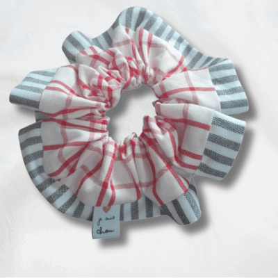 Chouchou adorée carreaux rouges et blancs + rayures grises