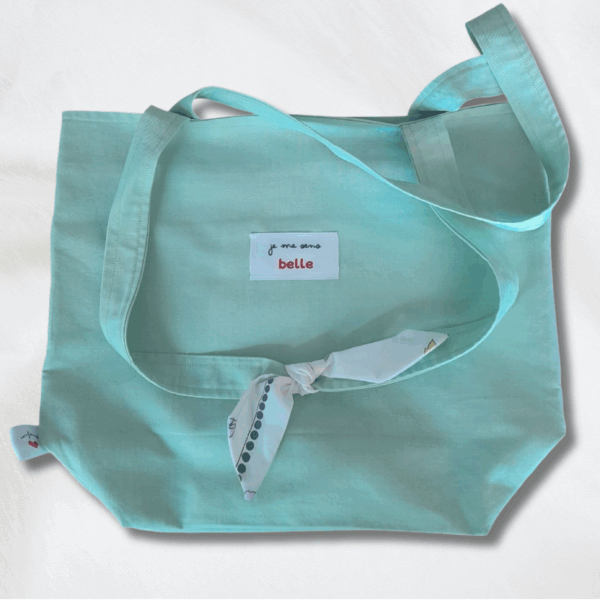 Sac tote bag confiante bi-matière vert clair + motif floral blanc – Image 2