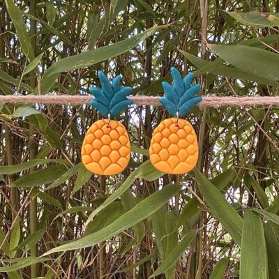Boucles d’oreilles « Ananas » en pâte polymère, jaunes et vertes
