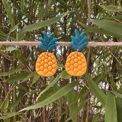 Boucles d’oreilles « Ananas » en pâte polymère, jaunes et vertes