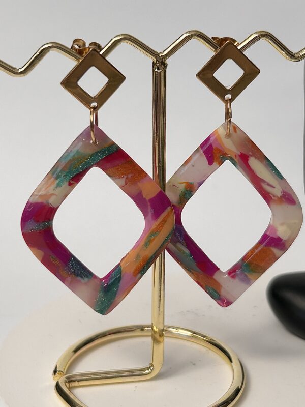 Boucles d’oreilles en pâte polymère, losange multicolore – Image 2