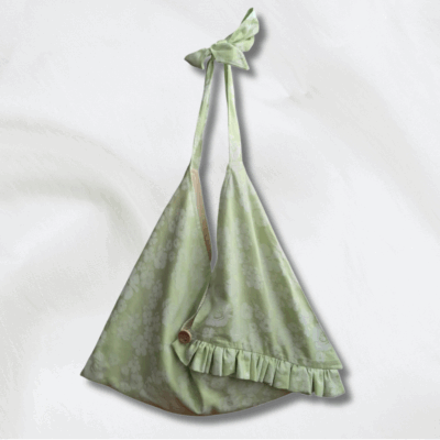 Sac origami rayonnante bi-matière motif floral vert + vichy jaune