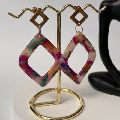 Boucles d’oreilles en pâte polymère, losange multicolore