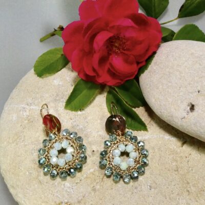 Boucles d'oreilles au crochet et perles en verre Turquoise métallisé et malachite