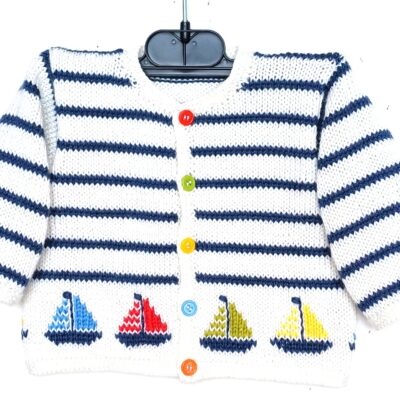 Gilet tricot pour bébé, fait main, avec des bateaux, taille 3 mois
