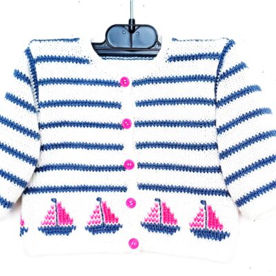 Gilet brassière bébé, tricot main avec des bateaux, taille 3 mois