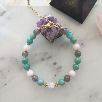 bracelet en Amazonite, Labradorite, Jade Blanche et Cristal de Roche Craquelé sur gold filled ( plaqué or supérieur)