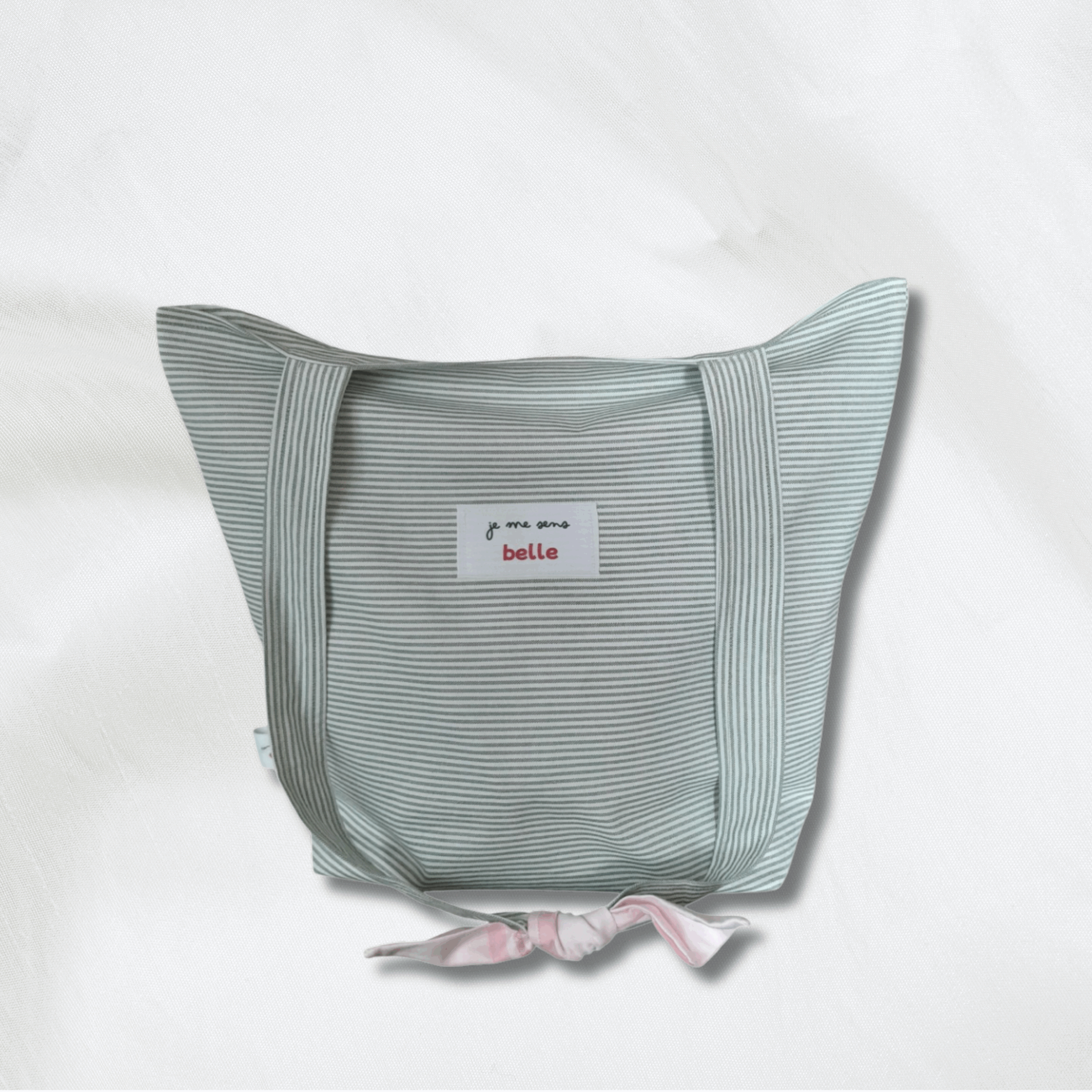 Sac tote bag confiante bi-matière vert rayé + rose à carreaux