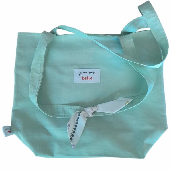 Sac tote bag confiante bi-matière vert clair + motif floral blanc – Image 2
