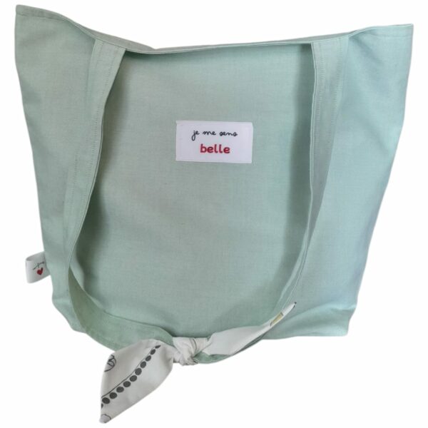 Sac tote bag confiante bi-matière vert clair + motif floral blanc