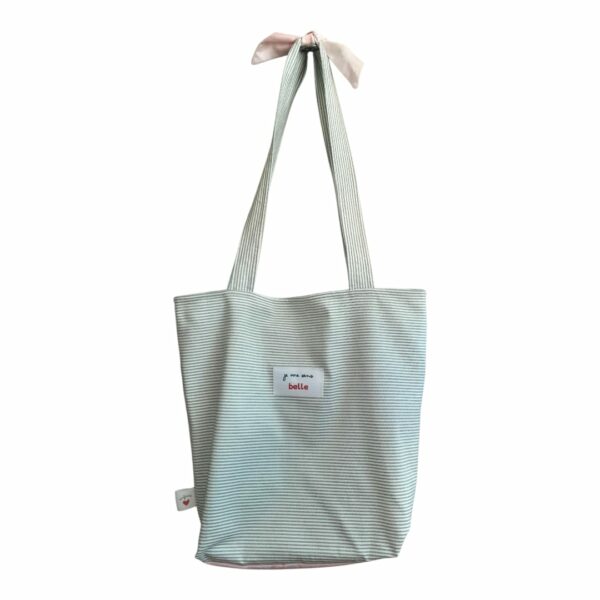 Sac tote bag confiante bi-matière vert rayé + rose à carreaux – Image 5