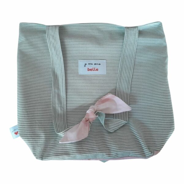 Sac tote bag confiante bi-matière vert rayé + rose à carreaux – Image 2