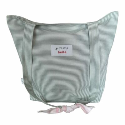 Sac tote bag confiante bi-matière vert rayé + rose à carreaux