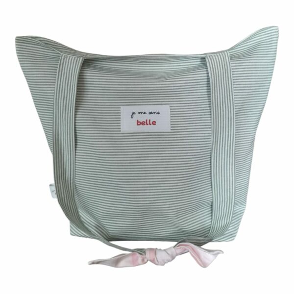 Sac tote bag confiante bi-matière vert rayé + rose à carreaux