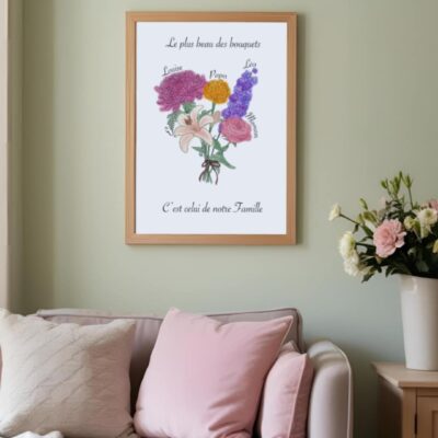 Illustration personnalisée bouquet de fleurs de naissance 30x40cm