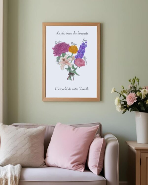 Illustration personnalisée bouquet de fleurs de naissance 30x40cm