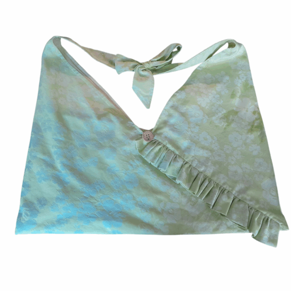 Sac origami rayonnante bi-matière motif floral vert + vichy jaune – Image 2