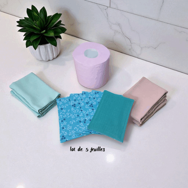 papier toilette lavable, réutilisable en lot de 5 feuilles coton /double gaze de coton modèle au choix – Image 13