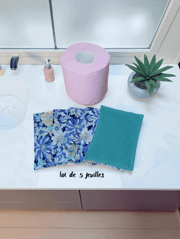 papier toilette lavable, réutilisable en lot de 5 feuilles coton /double gaze de coton modèle au choix – Image 14